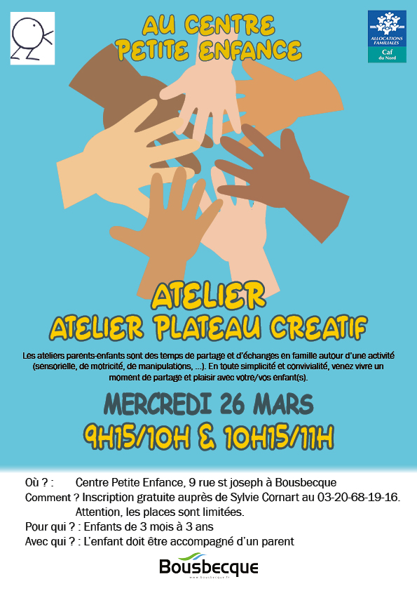atelier plateau créatif au centre petite enfance (9 rue Saint Joseph) - mercredi 26 mars 2025 9h15/10h et 10h15/11h