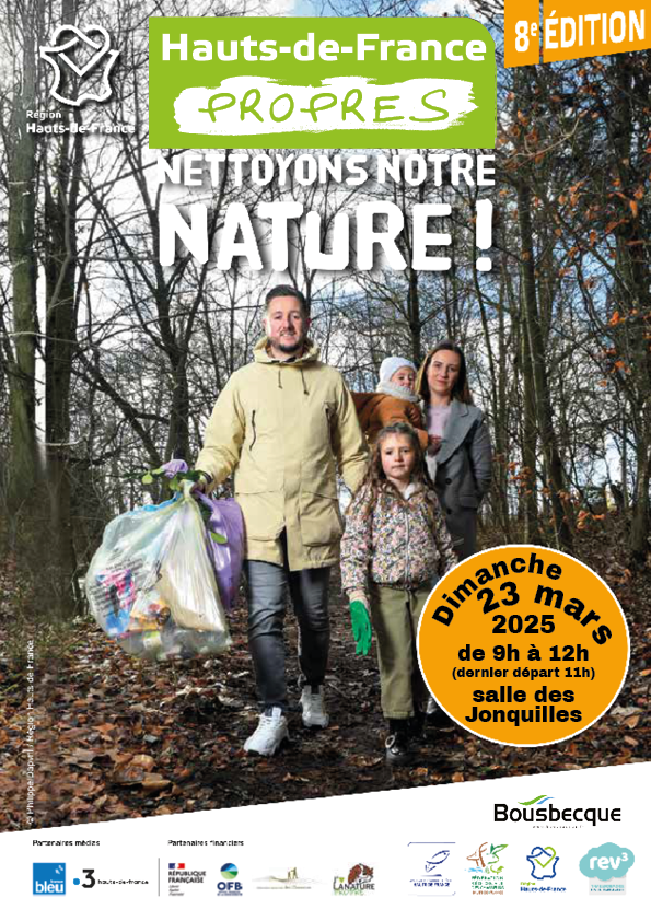 Hauts de France Propres - ramassage de déchets dans la nature - dimanche 23 mars 2025 de 9h à 12 - départ de la salle des jonquilles rue de Flandre à Bousbecque