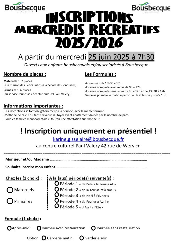 inscriptions mercredis récréatifs Mercredi 25 juin 2025