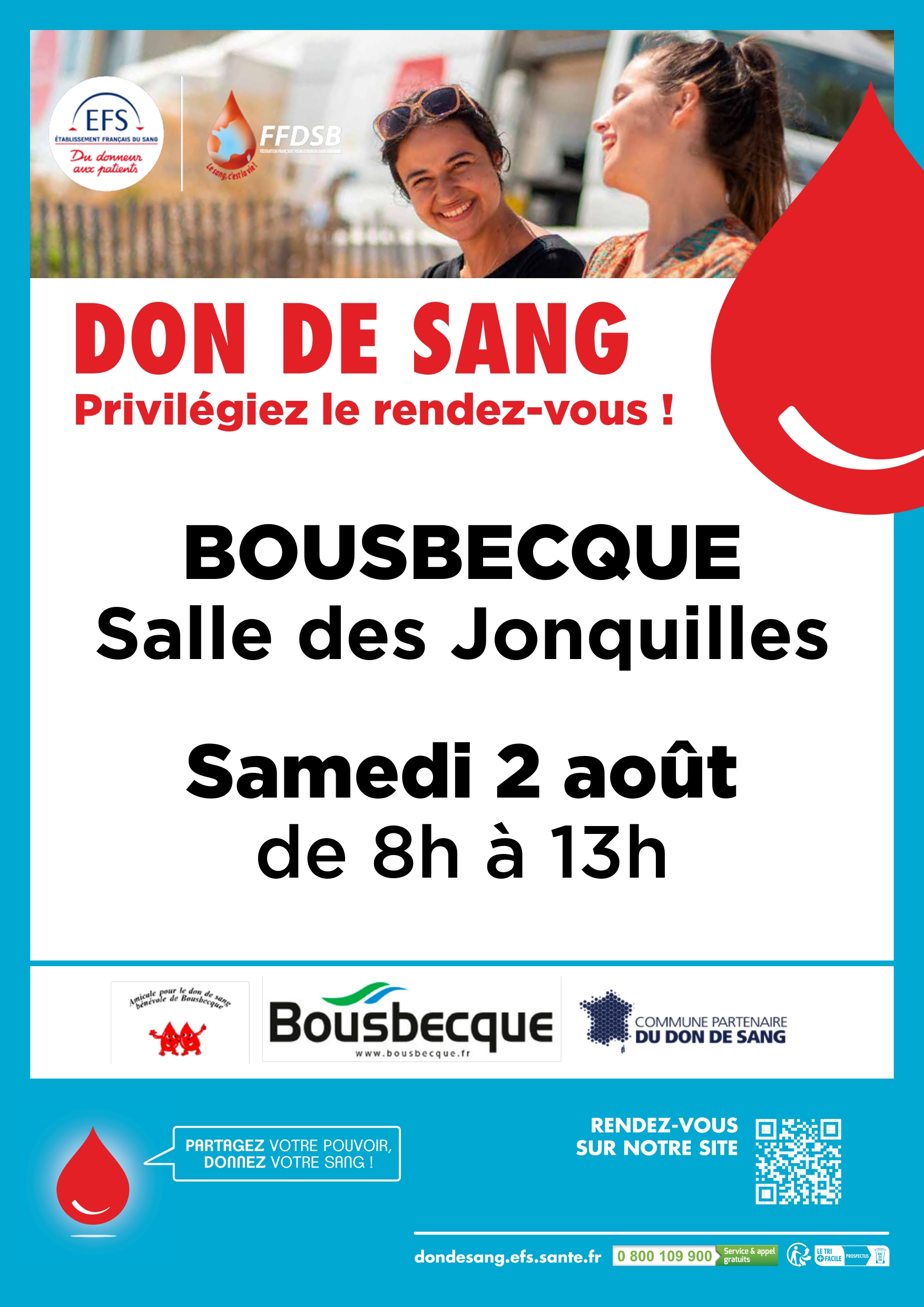 don du sang - samedi 2 aout 2025 - salles des jonquilles - rue de Flandre à Bousbecque